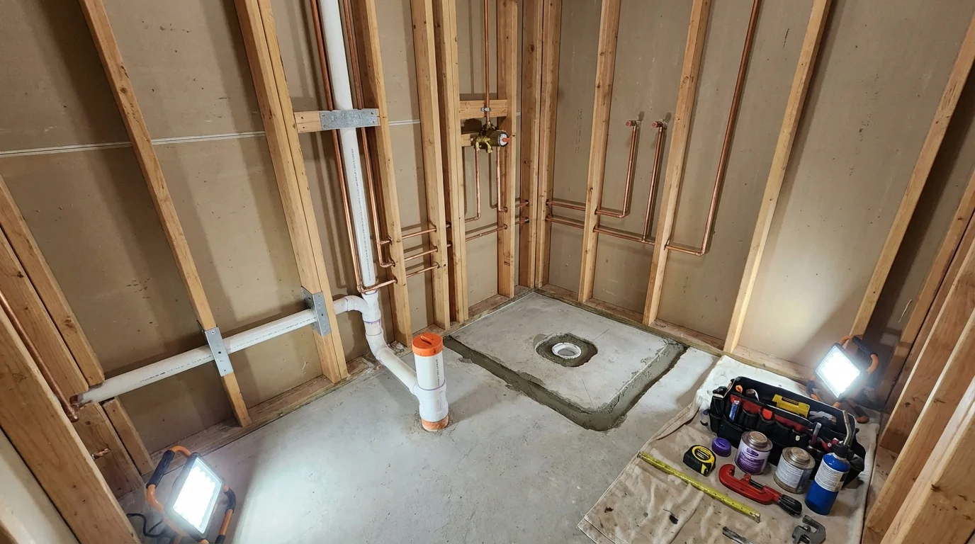 Bathroom rough-in plumbing during remodel by Johns Plumbing LLC in Forks