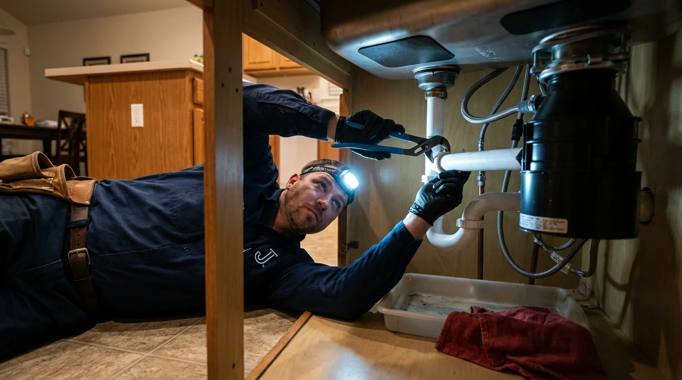 P-trap and supply line connections under a kitchen sink showing a common leak point in Forks, WA